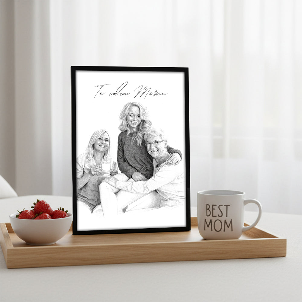 Tablou Personalizat Alb-Negru — Portret Creion „Te iubim, mama” 🖤✏️