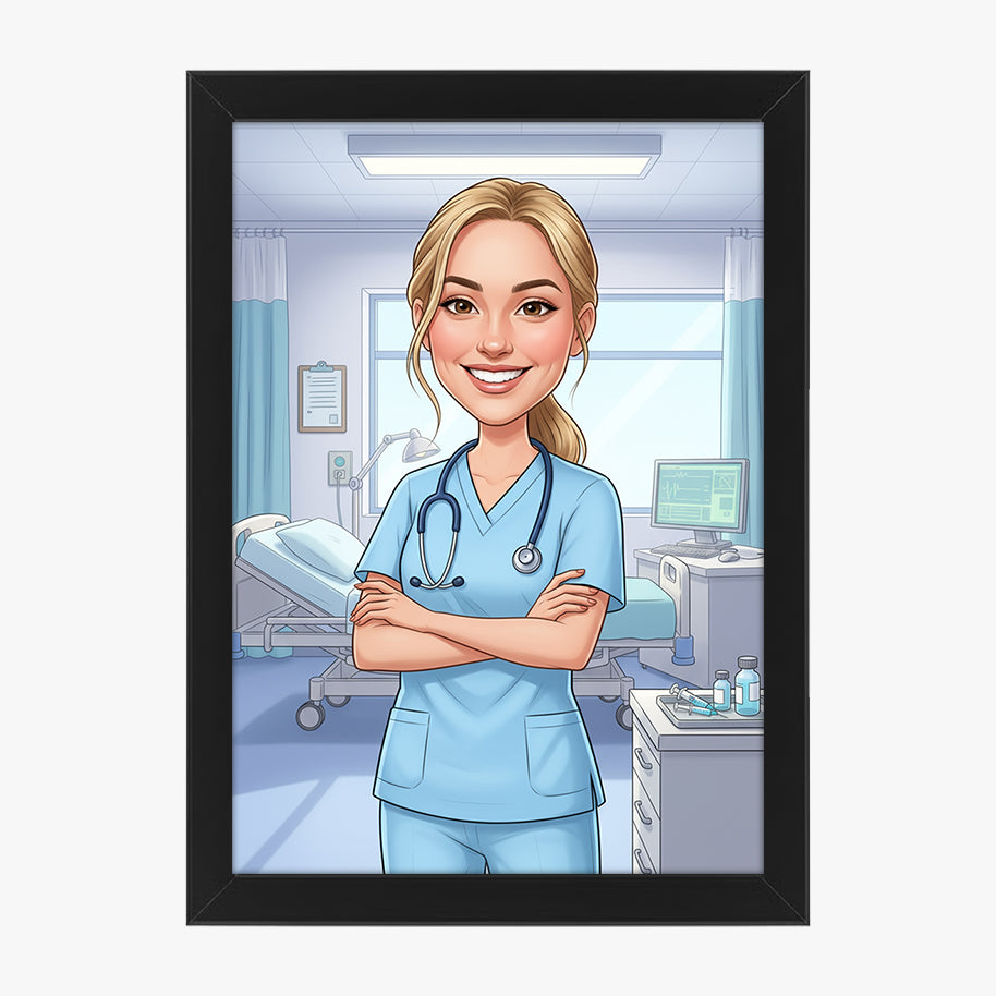 Tablou personalizat caricatură – Asistentă medicală | Cadou amuzant și unic pentru asistente și cadre medicale