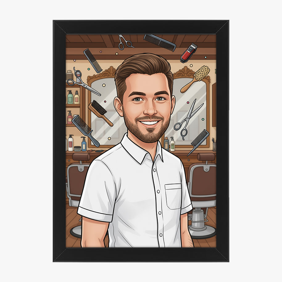 Tablou personalizat caricatură – Frizer | Cadou original și amuzant pentru frizeri și stiliști bărbătești