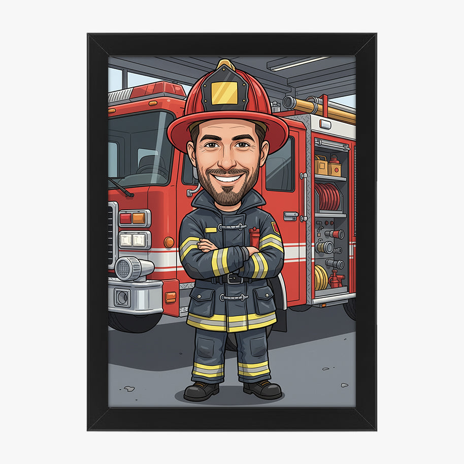 Tablou personalizat caricatură – Pompier | Cadou original și emoționant pentru eroii salvatori