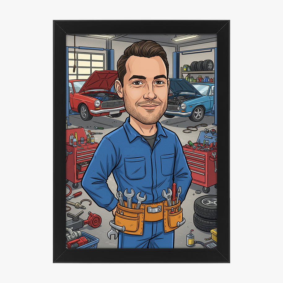 Tablou personalizat caricatură – Mecanic | Cadou original și amuzant pentru pasionații de auto și reparații