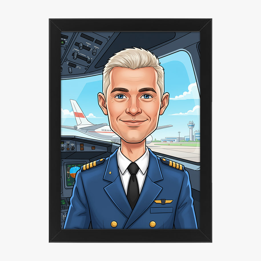 Tablou personalizat caricatură – Pilot | Cadou original și emoționant pentru piloți și pasionați de aviație