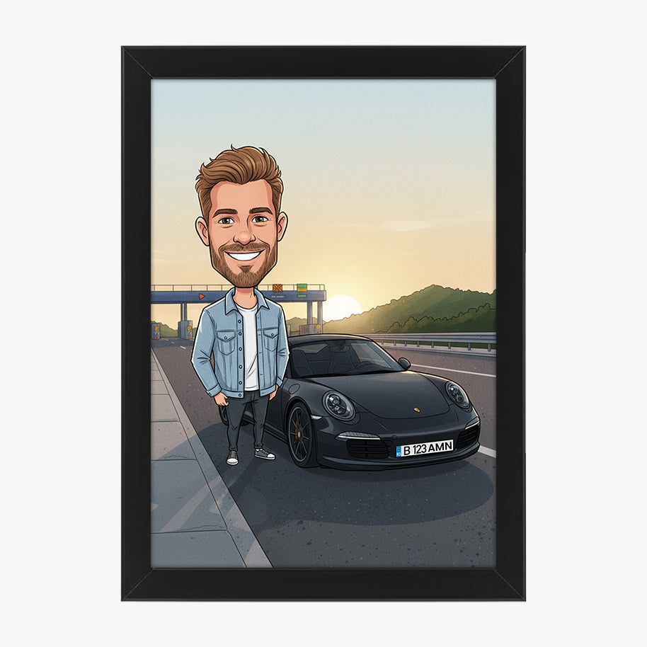 Tablou personalizat caricatură – Persoană + Mașină | Cadou original și amuzant pentru pasionații de automobile