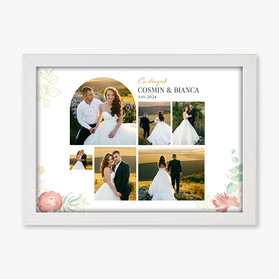 Tablou personalizat de nuntă – Colaj foto cu mirii și data evenimentului