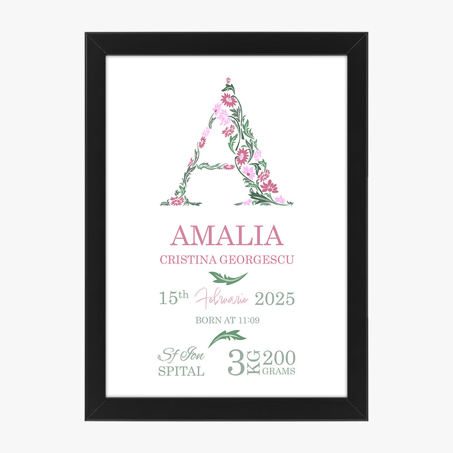 Tablou personalizat bebeluș cu inițială florală și date de naștere – Cadou elegant de botez