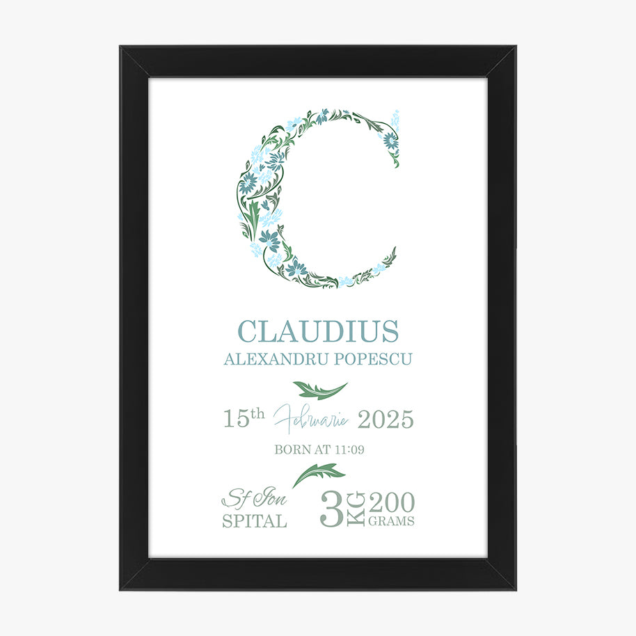 Tablou personalizat bebeluș cu inițială florală și date de naștere – Cadou elegant pentru botez