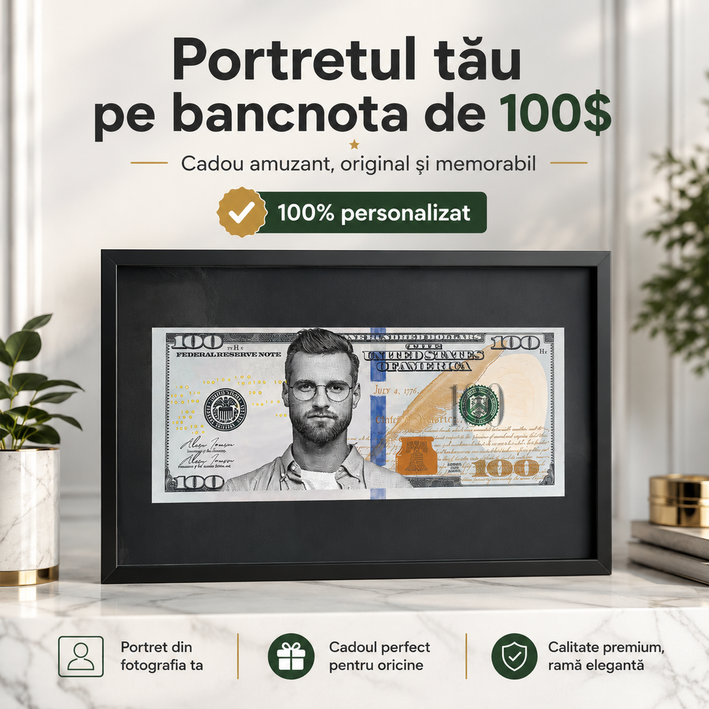 Tablou personalizat 100$ – Portretul tău pe bancnota de 100 de dolari | Cadou amuzant și original
