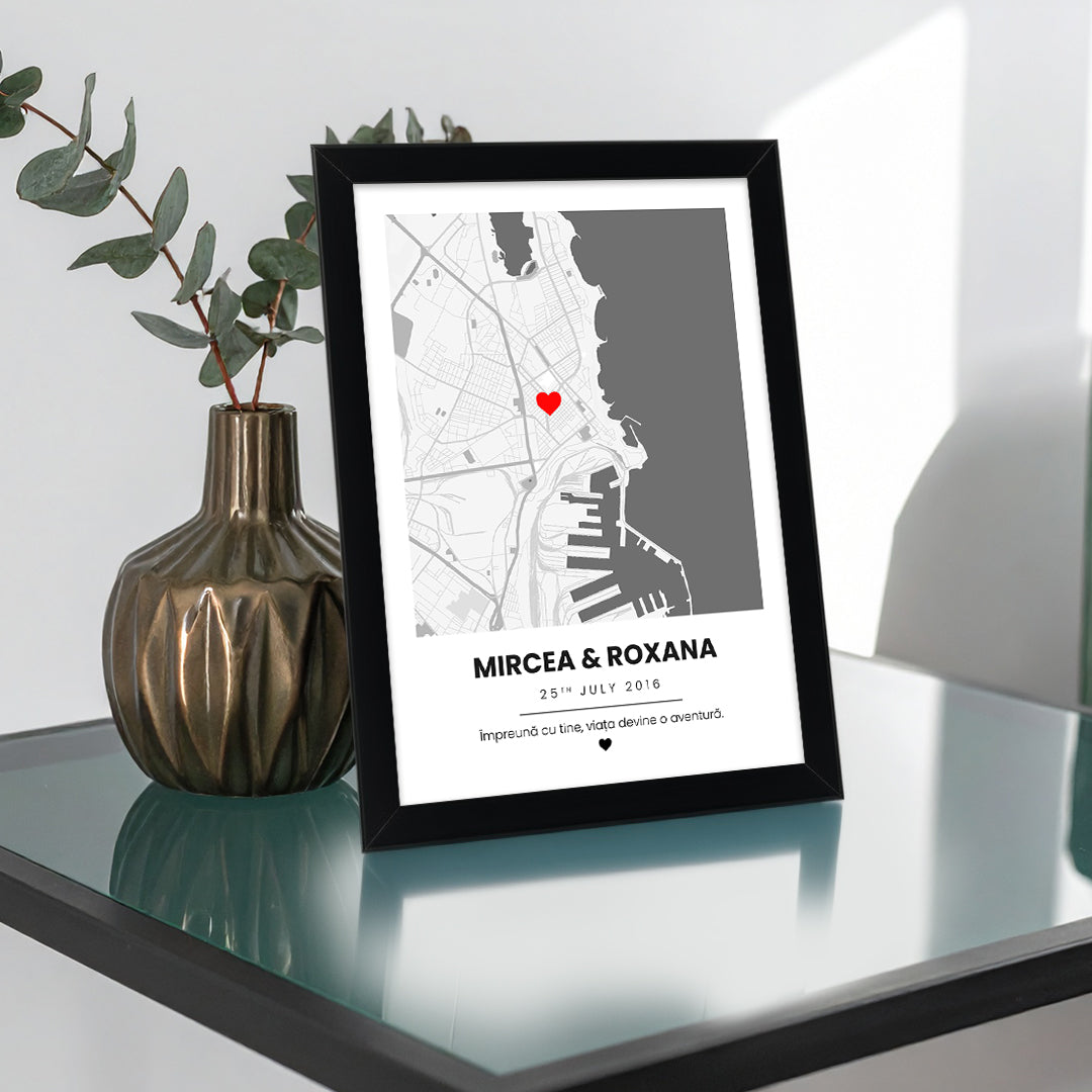 Tablou personalizat hartă cu locație – nume, dată și mesaj special