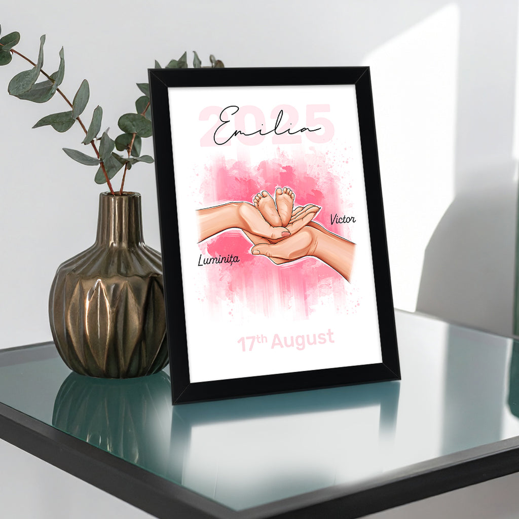Tablou personalizat bebeluș – cu nume, părinți și dată naștere