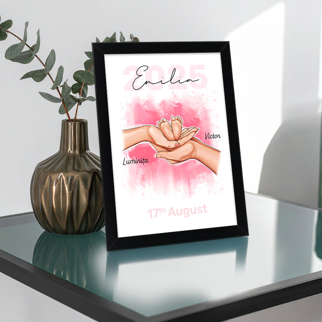 Tablou personalizat bebeluș – cu nume, părinți și dată naștere