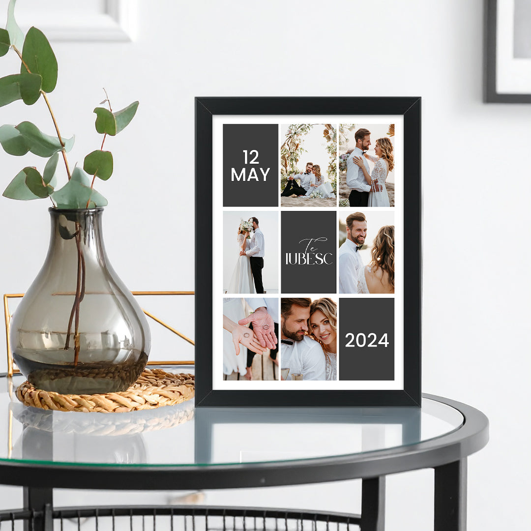 Tablou colaj foto personalizat de nuntă – Decor modern cu data evenimentului și mesaj