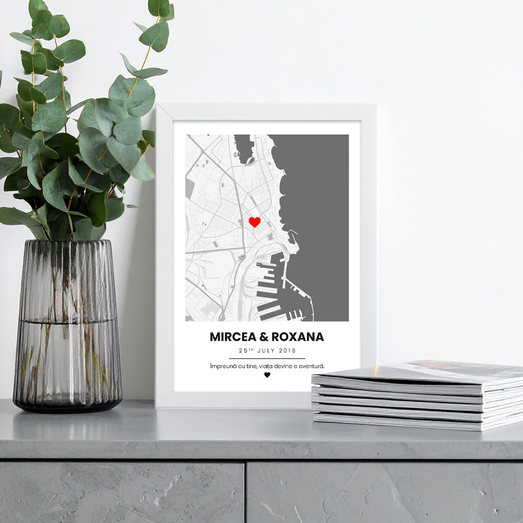 Tablou personalizat hartă cu locație – nume, dată și mesaj special