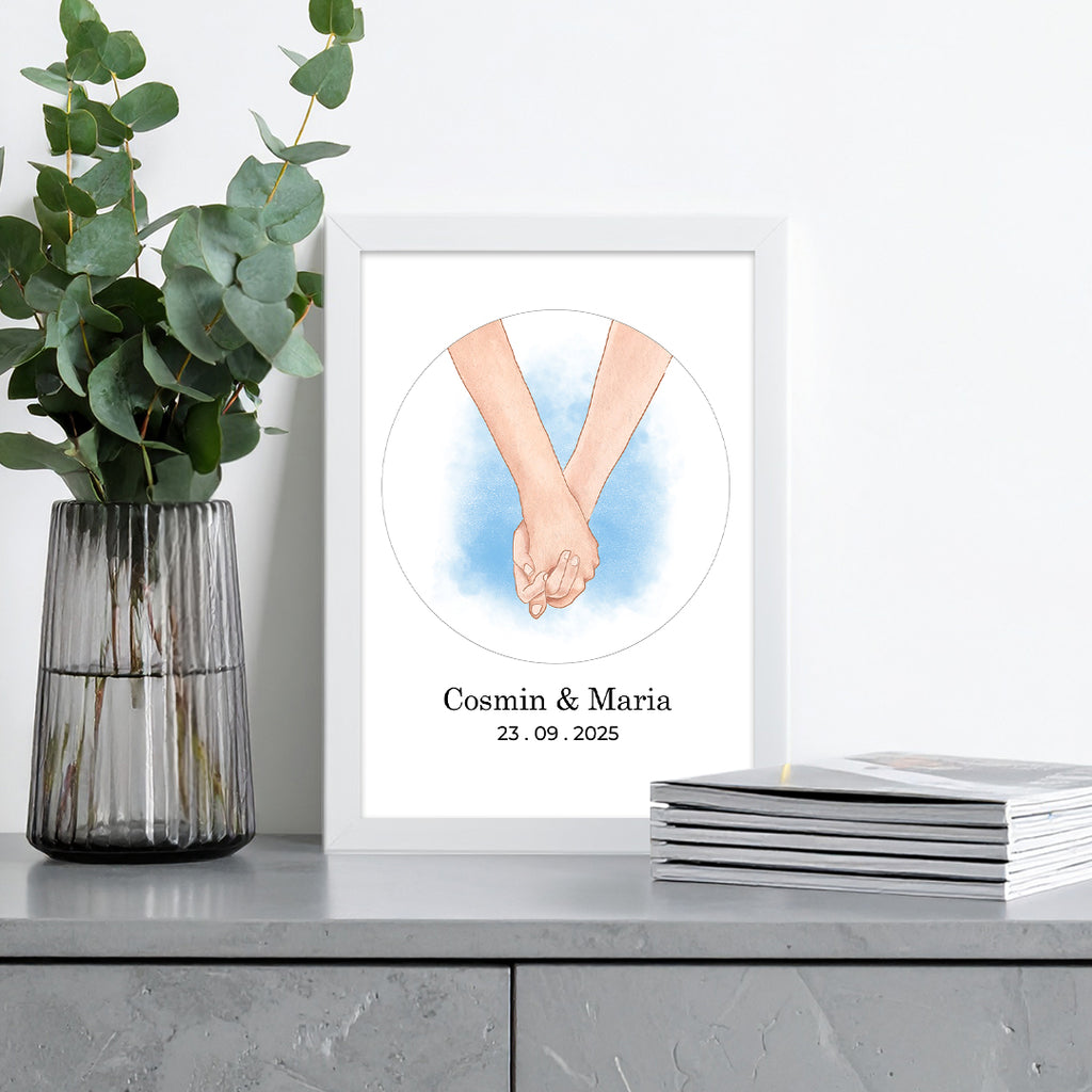Tablou personalizat cuplu – Ilustrație mâini împreunate cu nume și dată