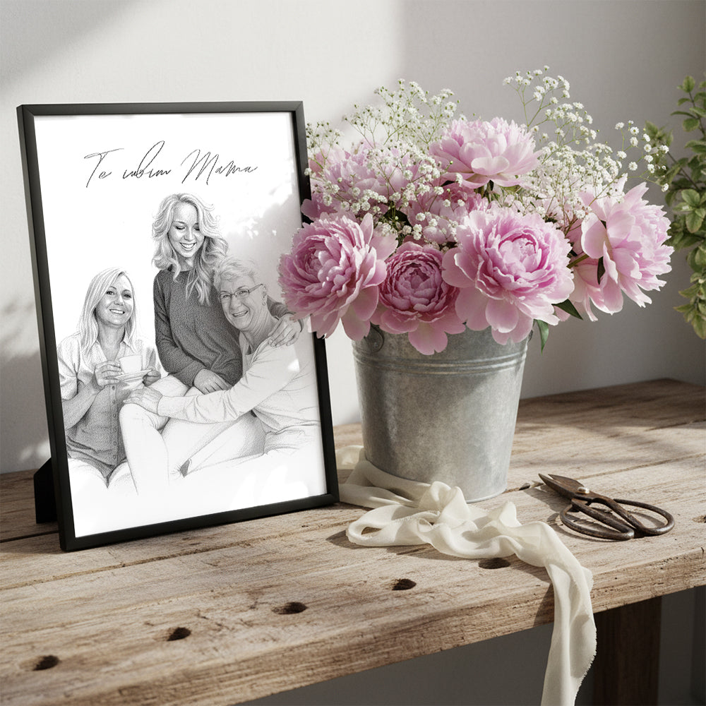 Tablou Personalizat Alb-Negru — Portret Creion „Te iubim, mama” 🖤✏️