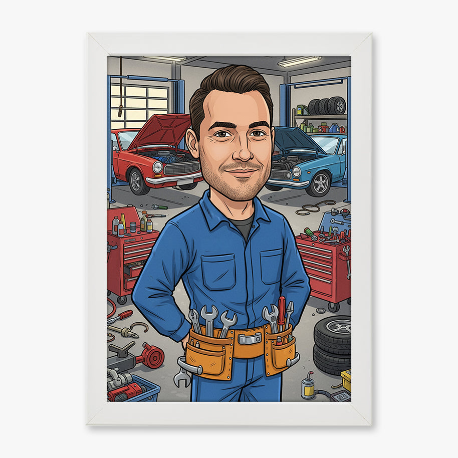 Tablou personalizat caricatură – Mecanic | Cadou original și amuzant pentru pasionații de auto și reparații