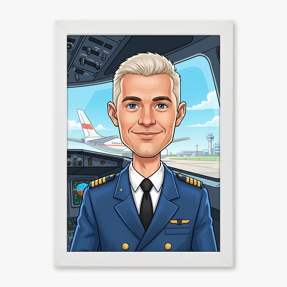 Tablou personalizat caricatură – Pilot | Cadou original și emoționant pentru piloți și pasionați de aviație
