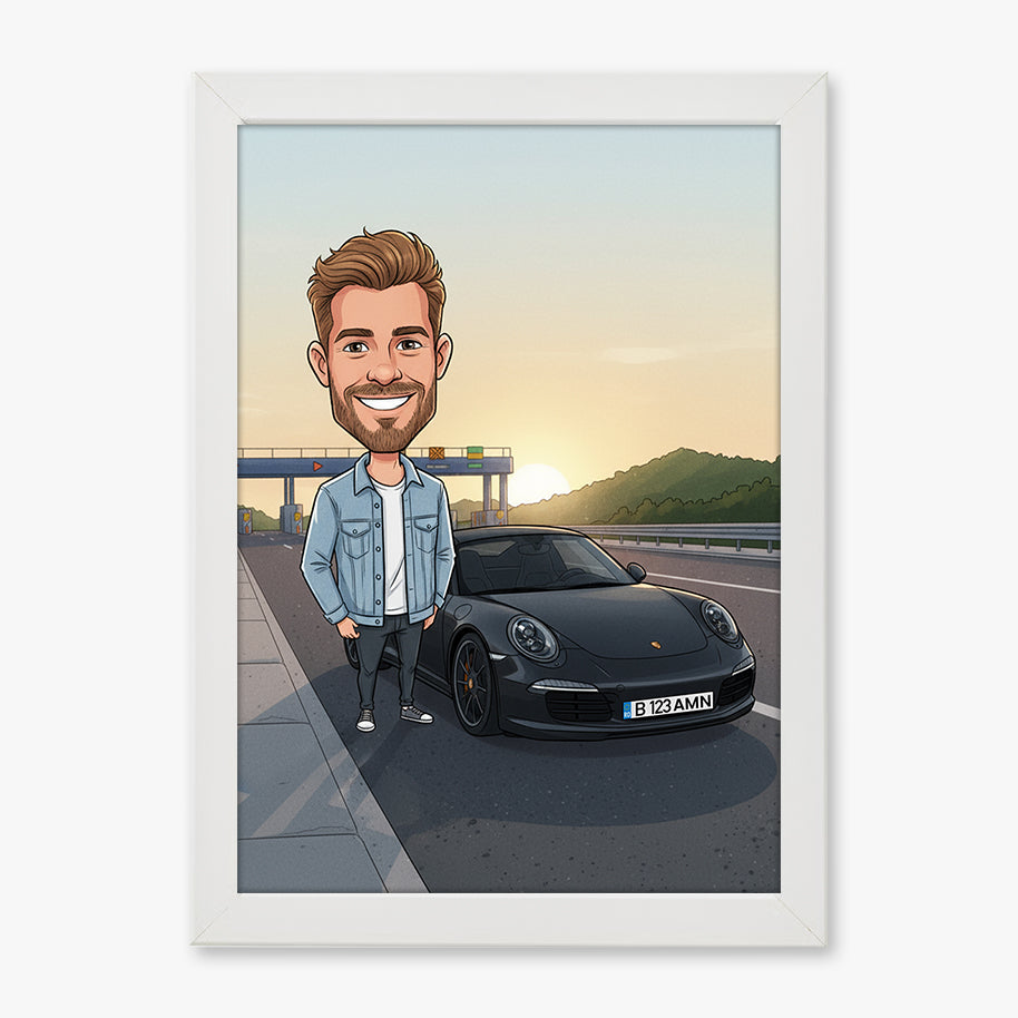 Tablou personalizat caricatură – Persoană + Mașină | Cadou original și amuzant pentru pasionații de automobile