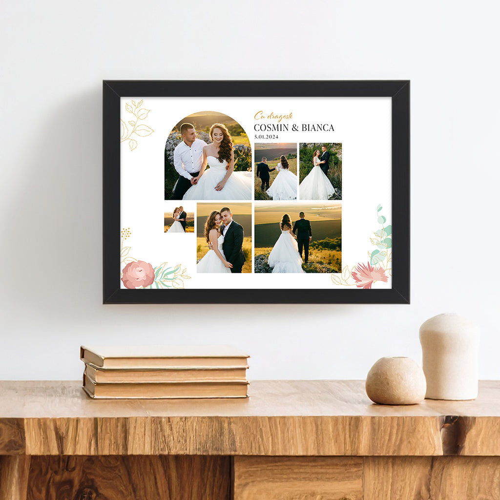 Tablou personalizat de nuntă – Colaj foto cu mirii și data evenimentului