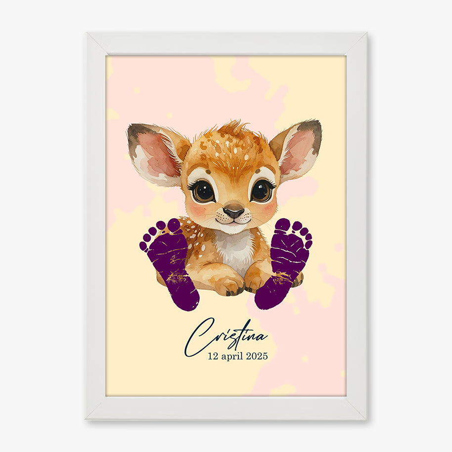 Tablou personalizat bebeluș cu căprioară și amprentă – Cadou unic de botez