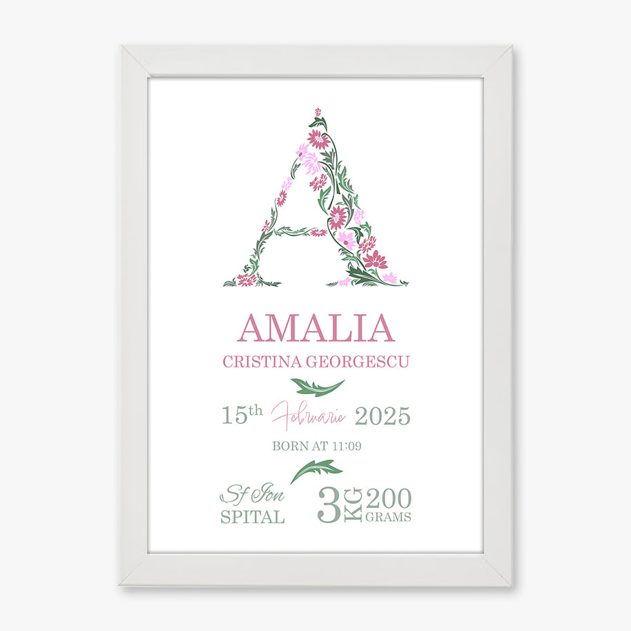 Tablou personalizat bebeluș cu inițială florală și date de naștere – Cadou elegant de botez