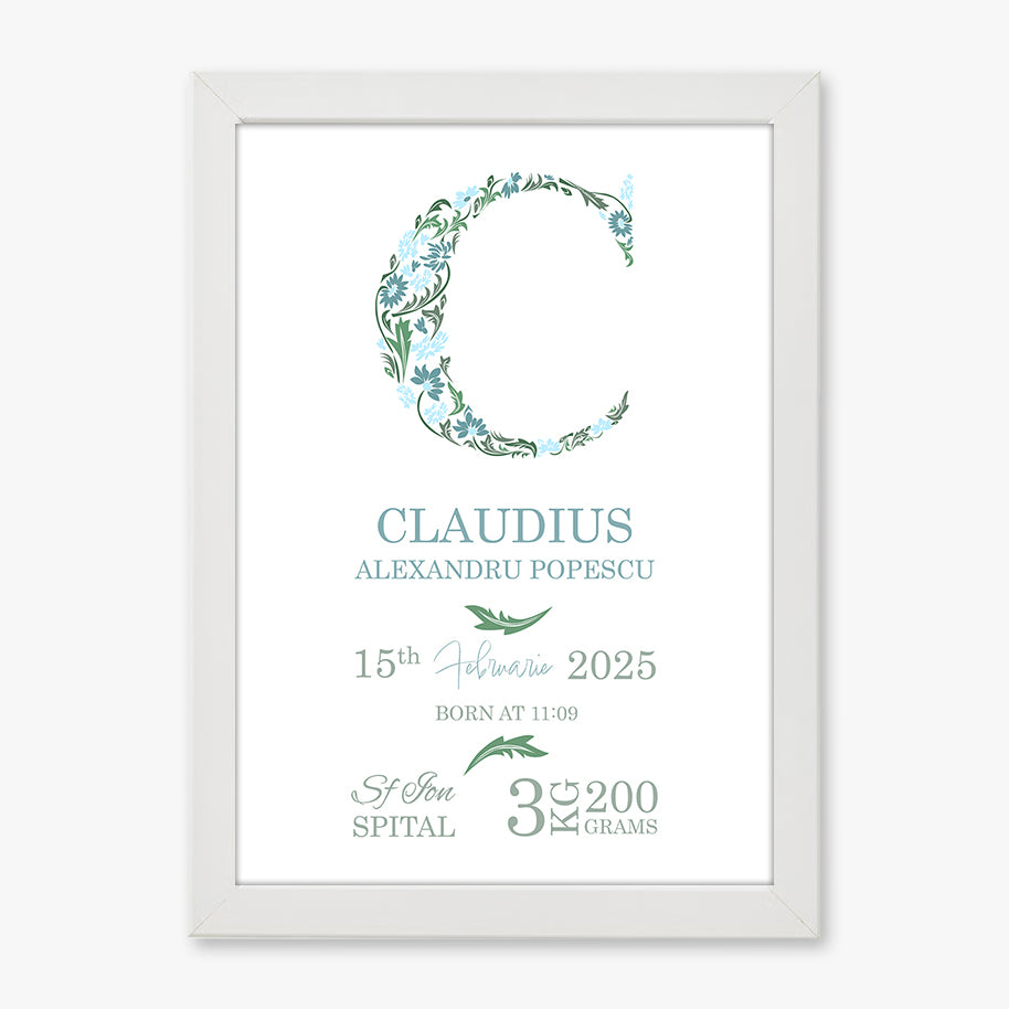 Tablou personalizat bebeluș cu inițială florală și date de naștere – Cadou elegant pentru botez