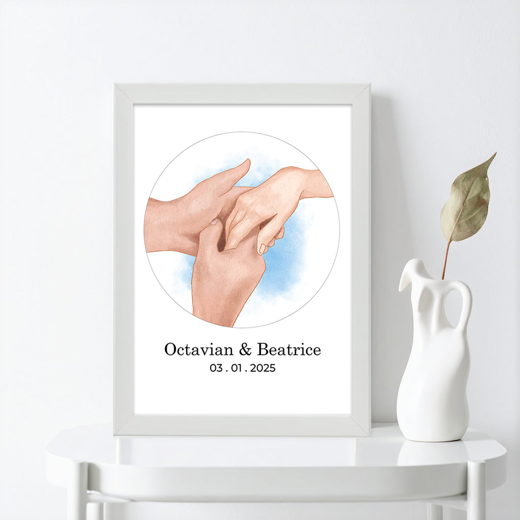 Tablou personalizat cuplu – Mâini care se ating, cu nume și dată
