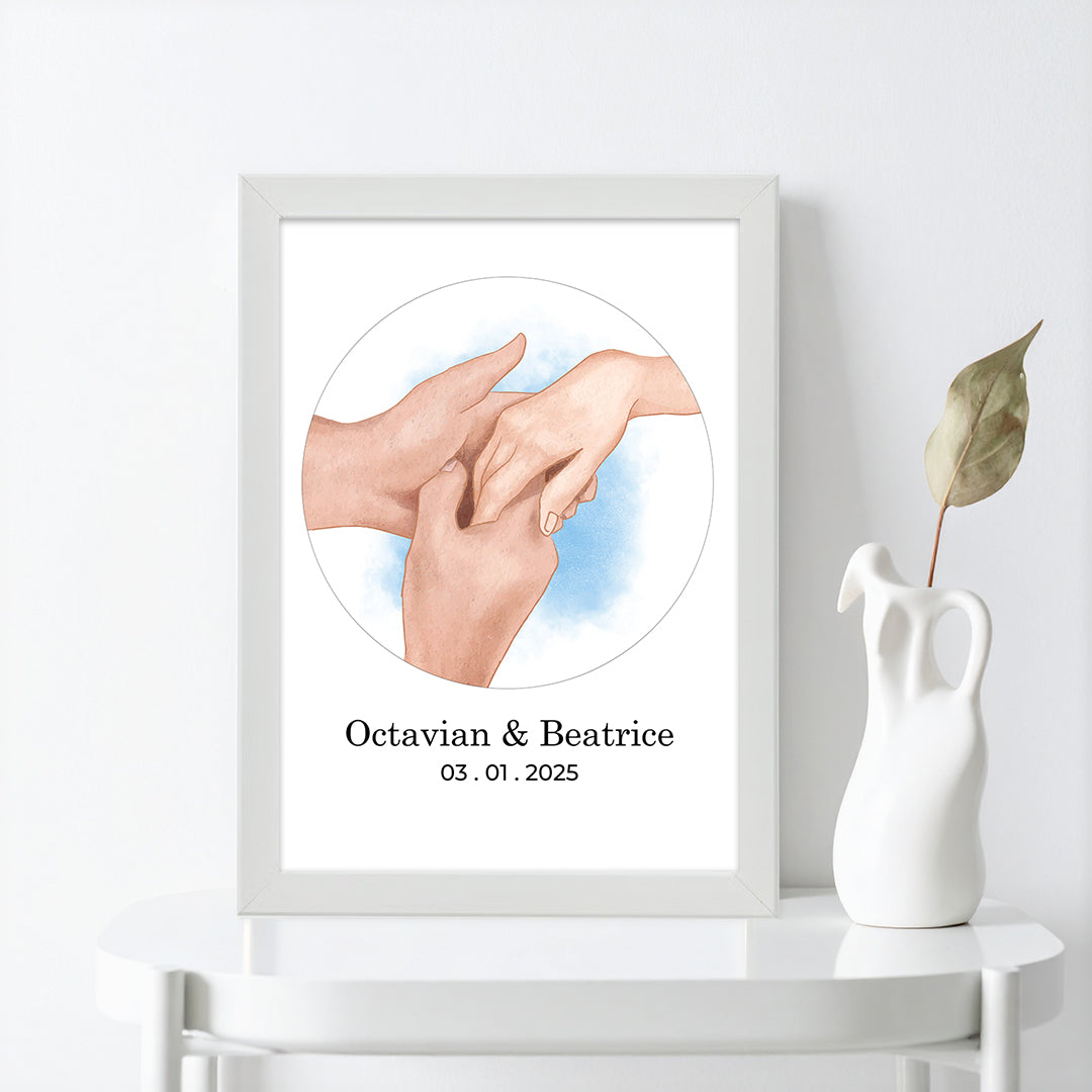 Tablou personalizat cuplu – Mâini care se ating, cu nume și dată