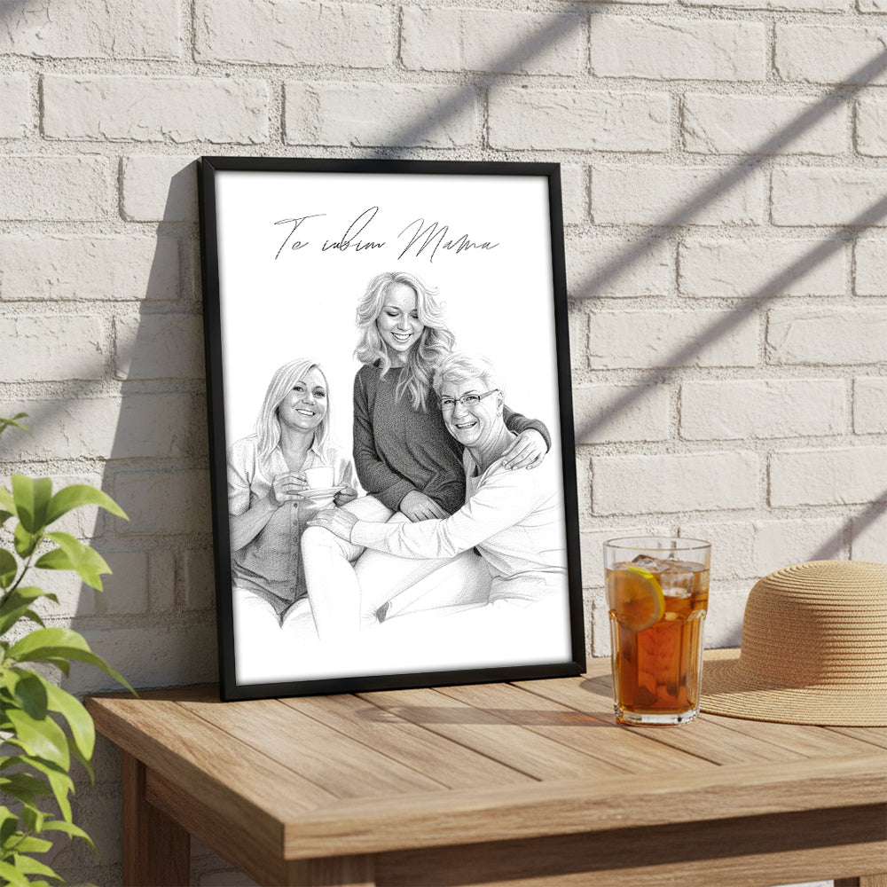 Tablou Personalizat Alb-Negru — Portret Creion „Te iubim, mama” 🖤✏️