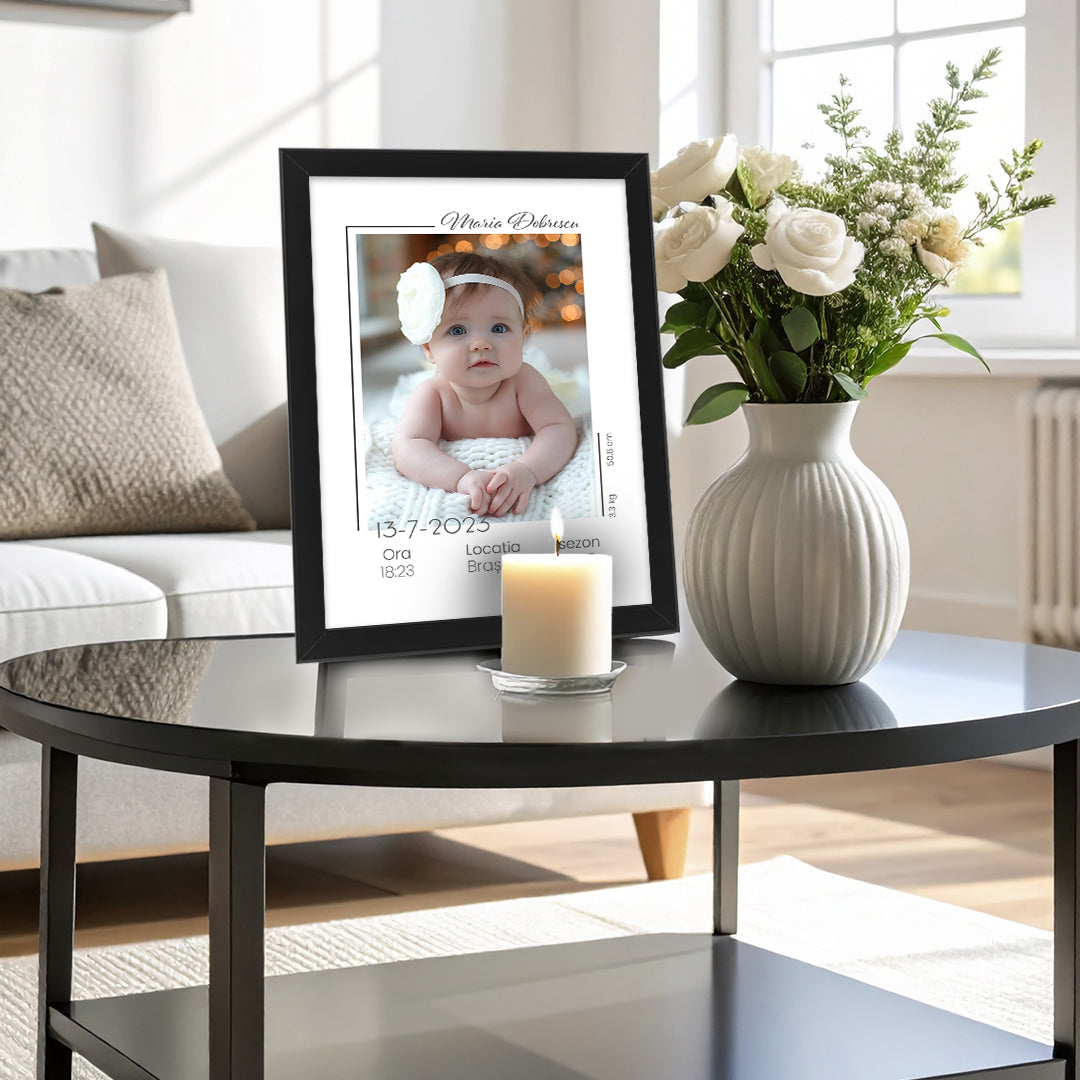 Tablou personalizat cu datele de naștere ale bebelușului – Portret unic pentru camera copilului
