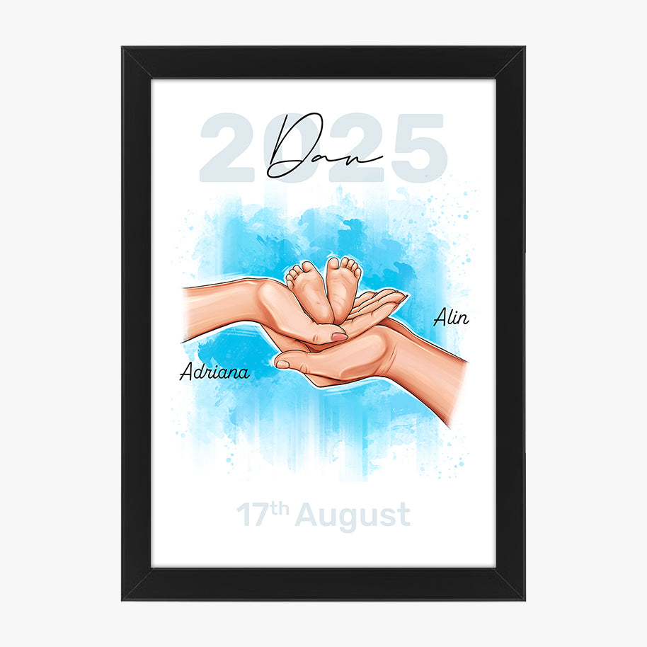 Tablou personalizat familie cu bebeluș – Ilustrație cu nume și dată importantă