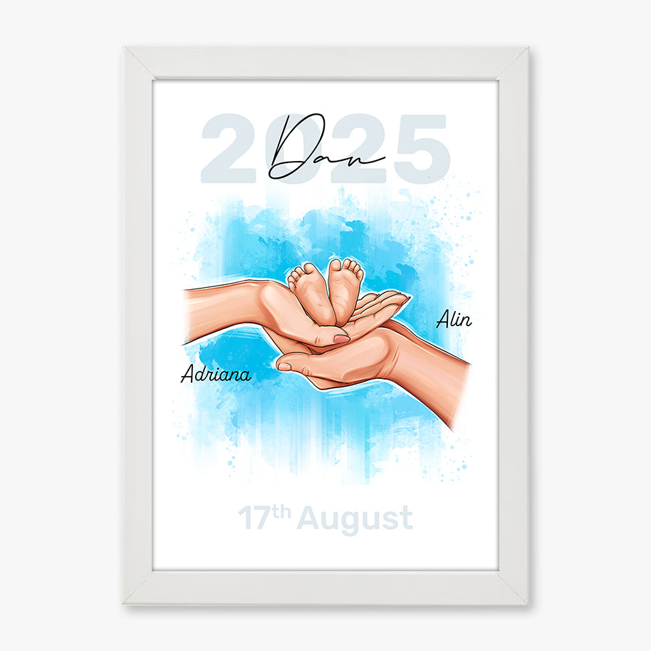 Tablou personalizat familie cu bebeluș – Ilustrație cu nume și dată importantă