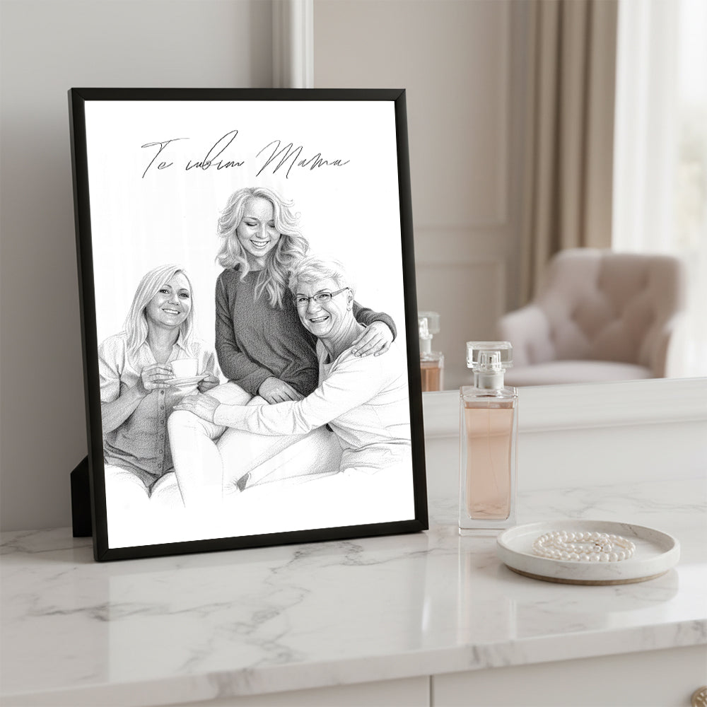 Tablou Personalizat Alb-Negru — Portret Creion „Te iubim, mama” 🖤✏️