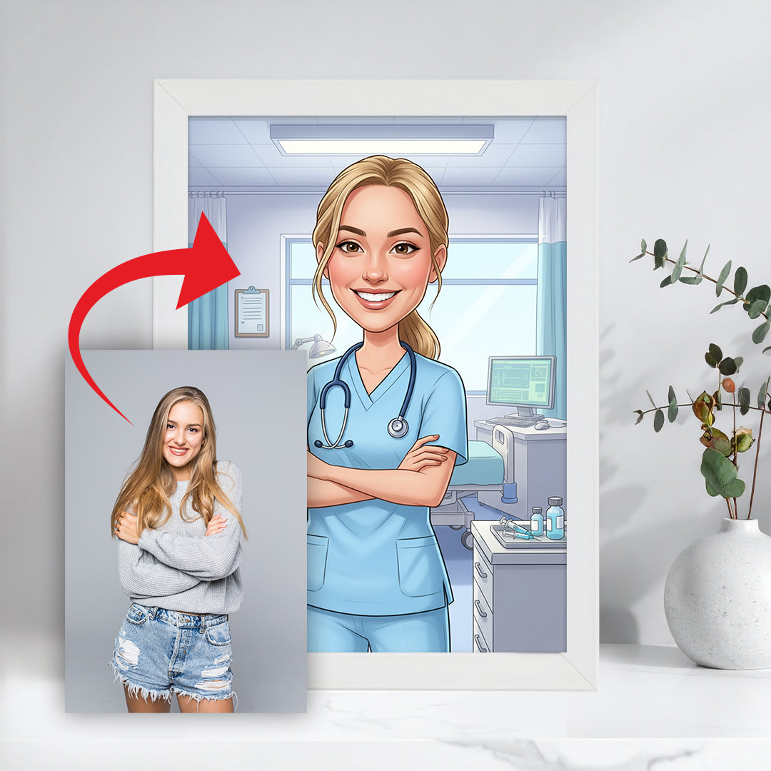 Tablou personalizat caricatură – Asistentă medicală | Cadou amuzant și unic pentru asistente și cadre medicale