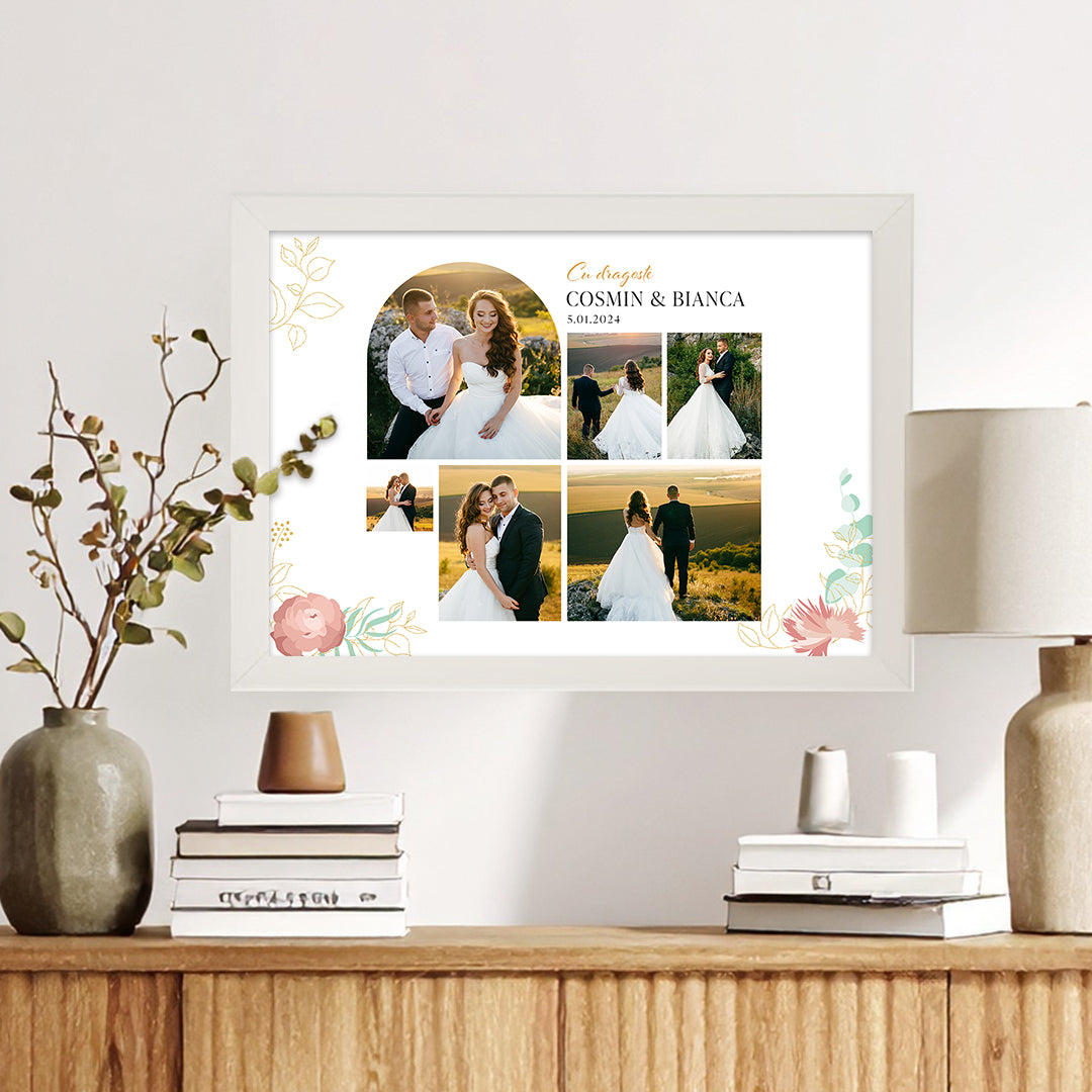 Tablou personalizat de nuntă – Colaj foto cu mirii și data evenimentului