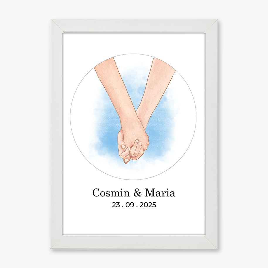 Tablou personalizat cuplu – Ilustrație mâini împreunate cu nume și dată