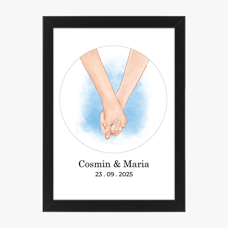 Tablou personalizat cuplu – Ilustrație mâini împreunate cu nume și dată