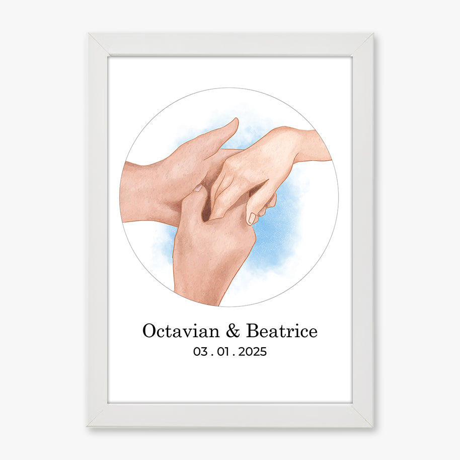 Tablou personalizat cuplu – Mâini care se ating, cu nume și dată