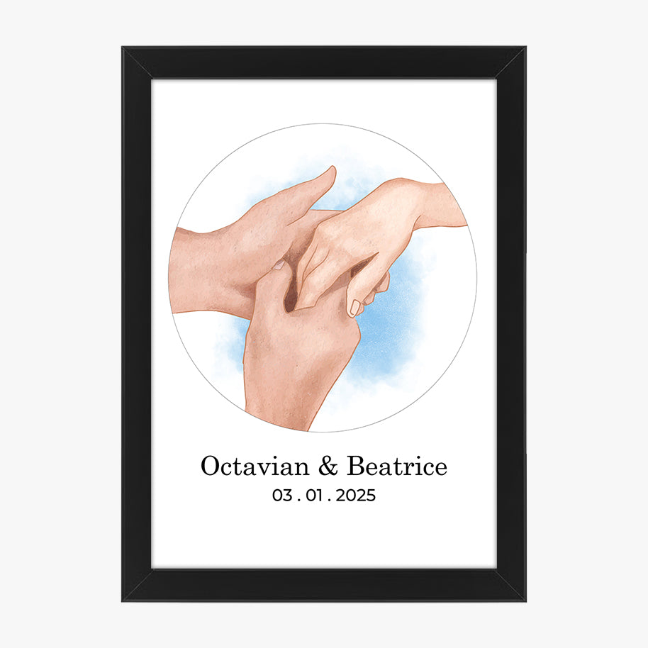 Tablou personalizat cuplu – Mâini care se ating, cu nume și dată