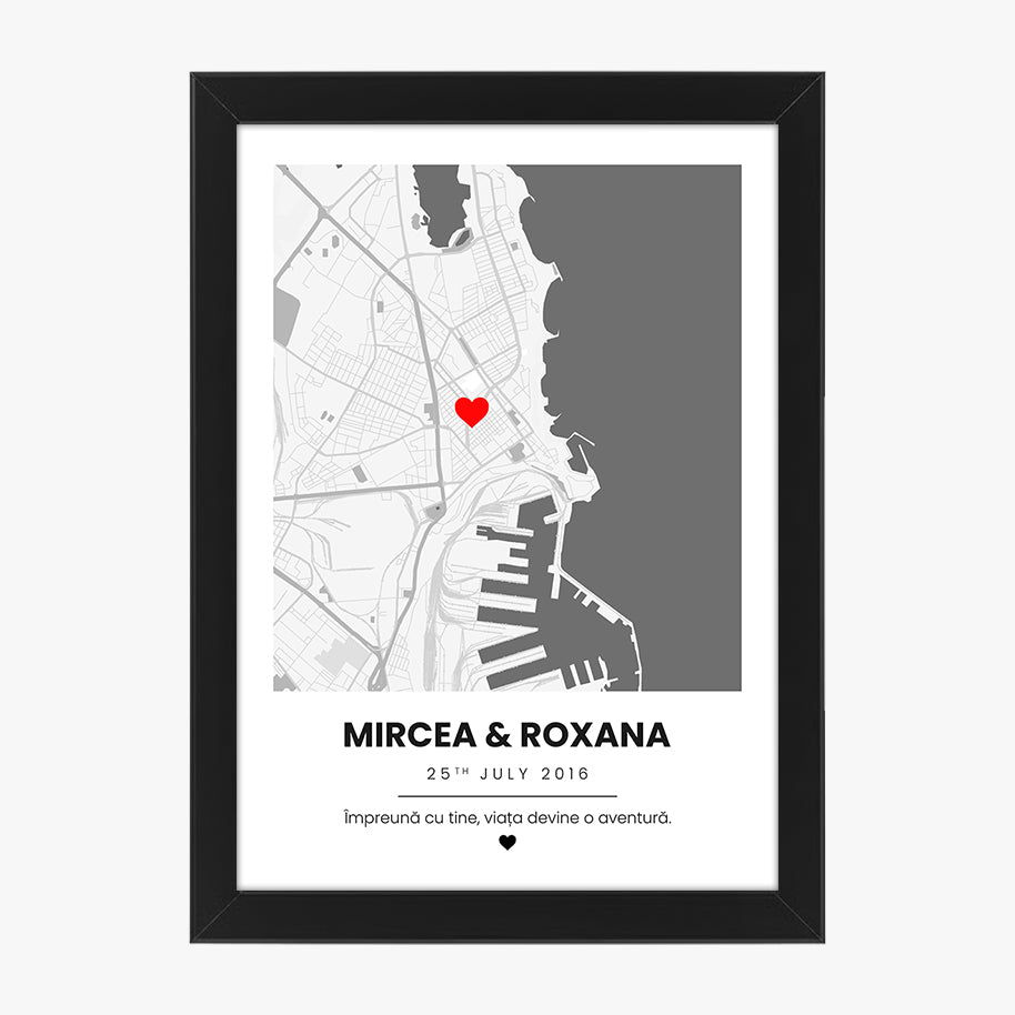 Tablou personalizat hartă cu locație – nume, dată și mesaj special