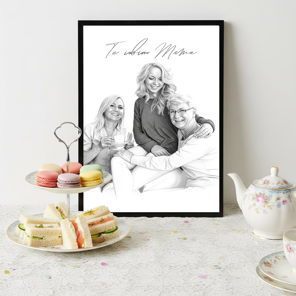 Tablou Personalizat Alb-Negru — Portret Creion „Te iubim, mama” 🖤✏️
