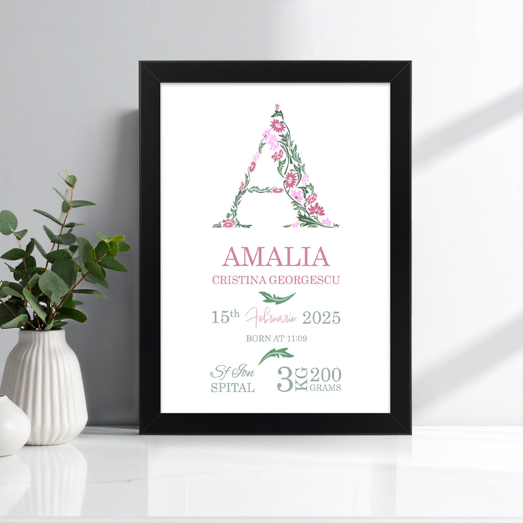 Tablou personalizat bebeluș cu inițială florală și date de naștere – Cadou elegant de botez
