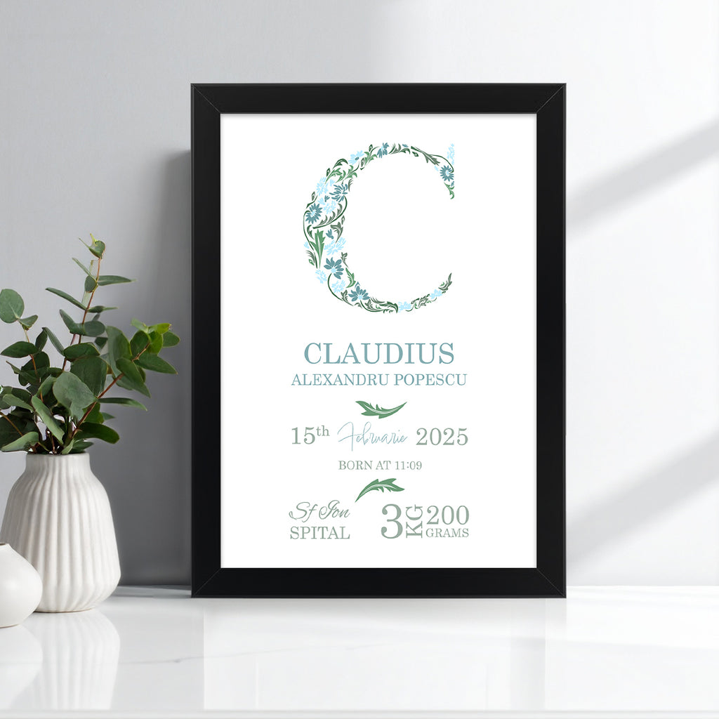 Tablou personalizat bebeluș cu inițială florală și date de naștere – Cadou elegant pentru botez