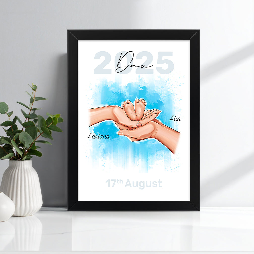 Tablou personalizat familie cu bebeluș – Ilustrație cu nume și dată importantă