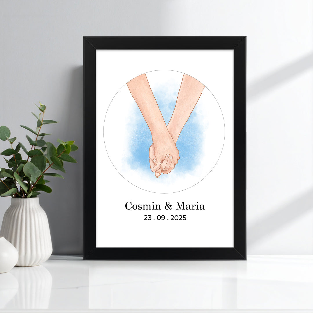 Tablou personalizat cuplu – Ilustrație mâini împreunate cu nume și dată