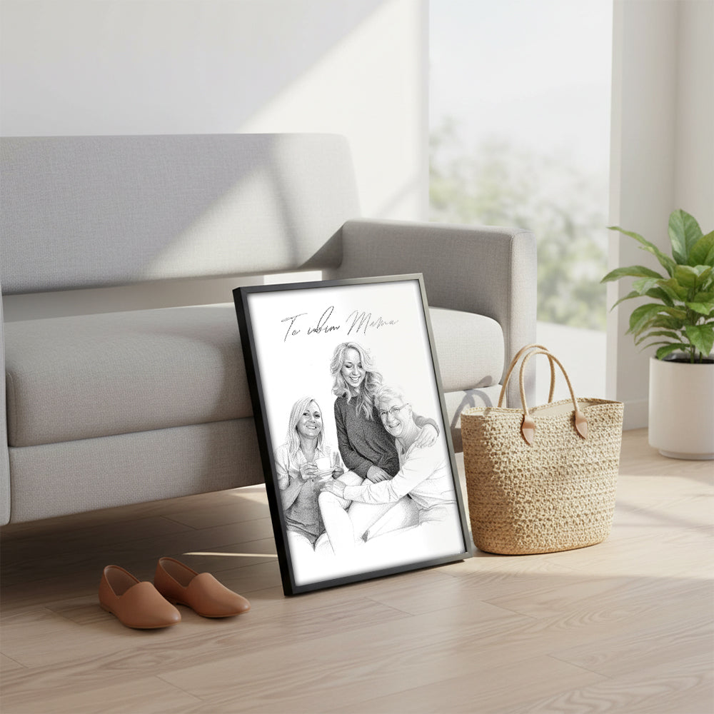 Tablou Personalizat Alb-Negru — Portret Creion „Te iubim, mama” 🖤✏️