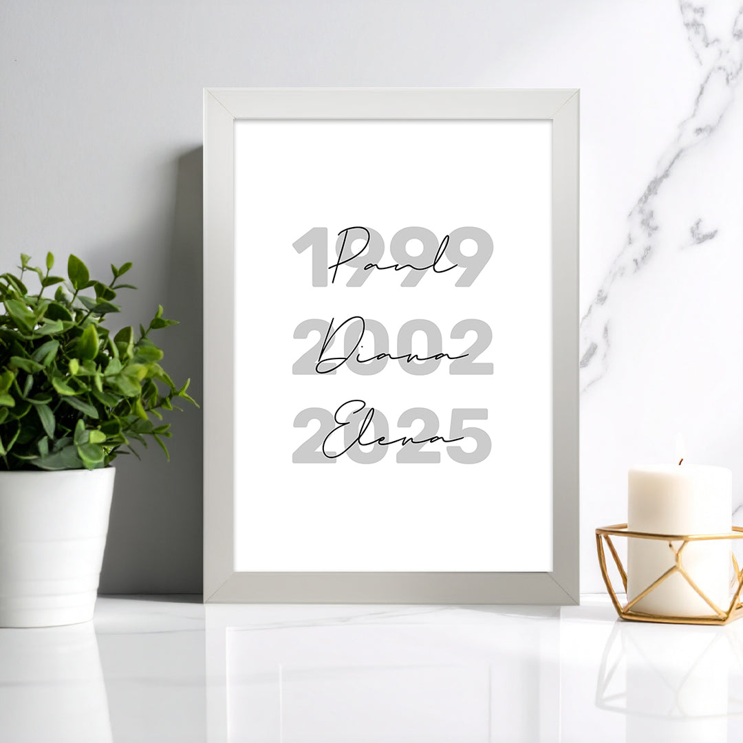 Tablou personalizat cu ani și nume – Cadou minimalist pentru familie