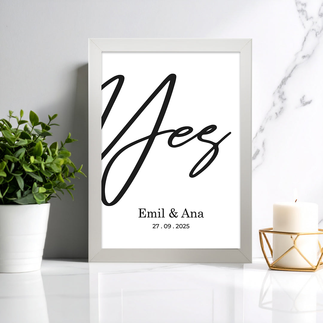 Tablou personalizat logodnă „Yes” – Cadou elegant pentru cupluri și nuntă
