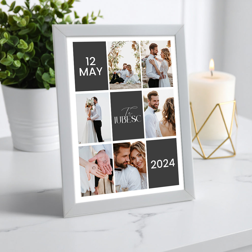Tablou colaj foto personalizat de nuntă – Decor modern cu data evenimentului și mesaj