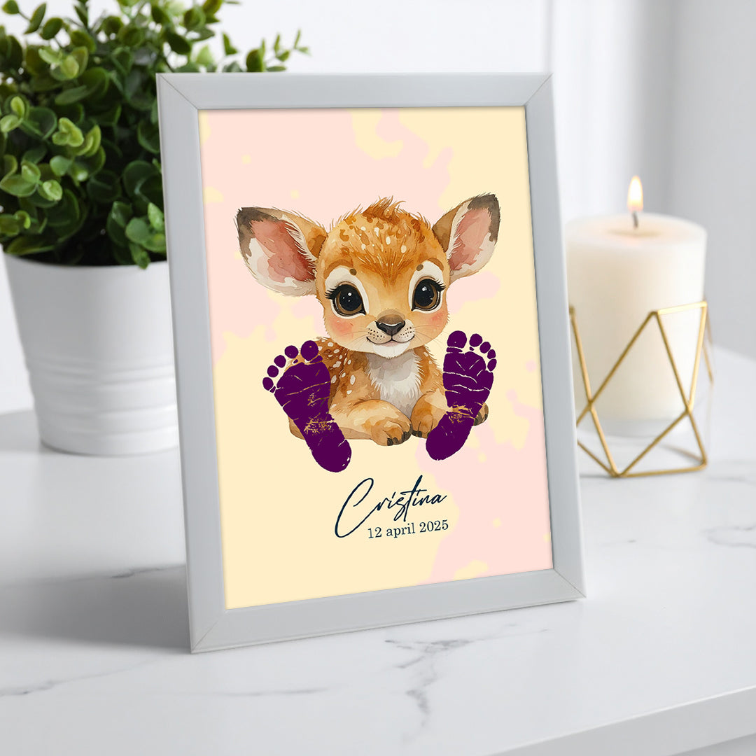 Tablou personalizat bebeluș cu căprioară și amprentă – Cadou unic de botez