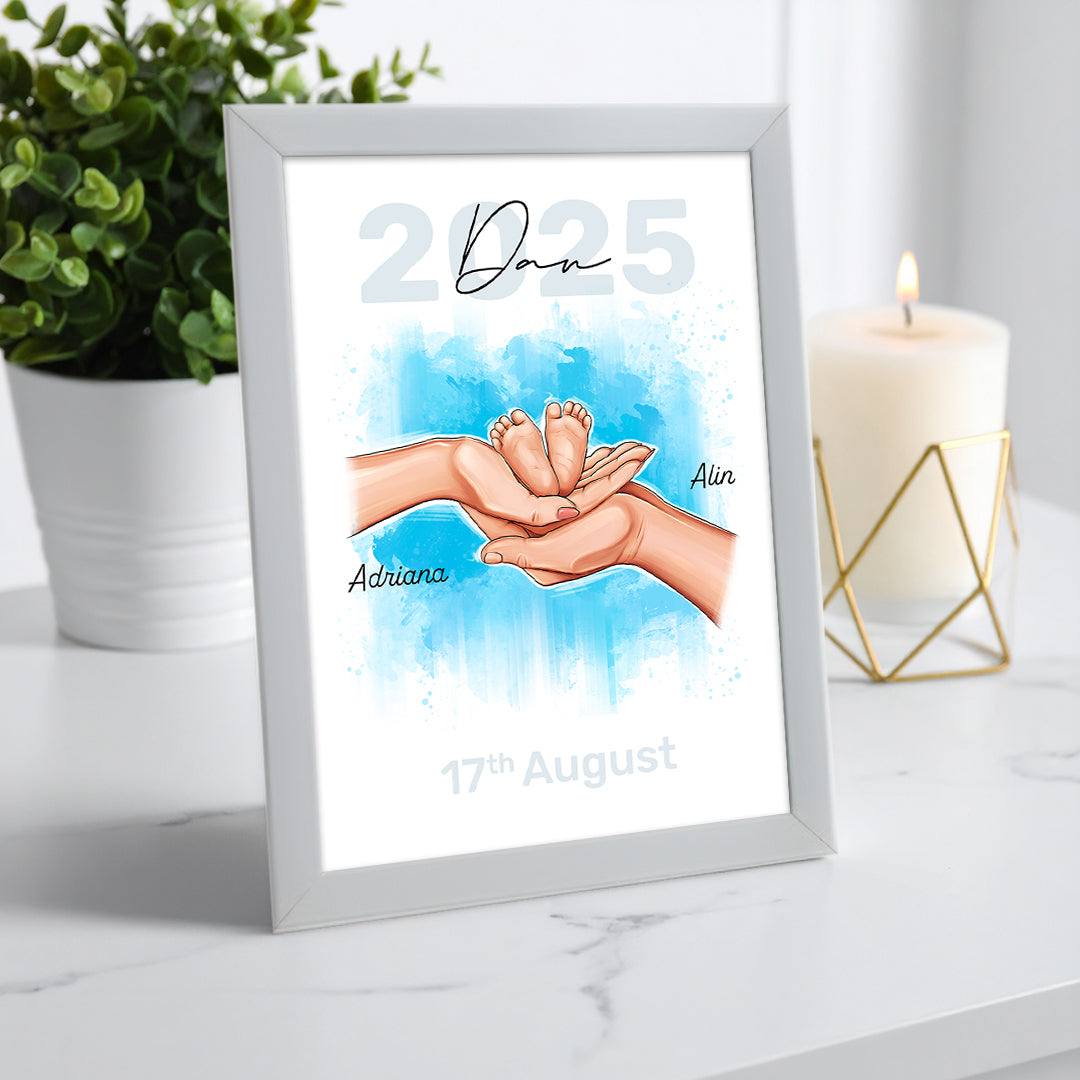 Tablou personalizat familie cu bebeluș – Ilustrație cu nume și dată importantă